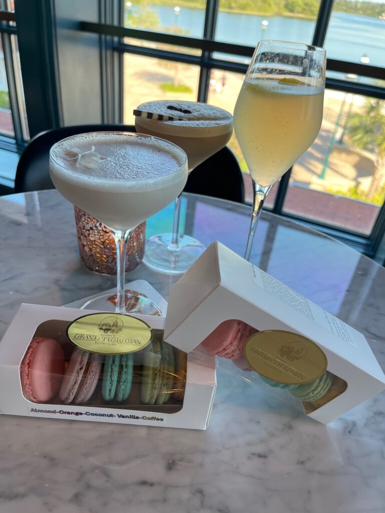 Lavender fog cocktail, Espresso martini and French 75 cocktails at Enchanted Rose Lounge in Disney’s Grand Floridian Resort